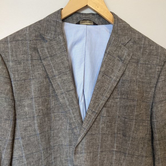 Tasso Elba Island Linen Cotton Grey Blue Plaid Blazer Size Small 36 38 Short - Picture 2 of 6